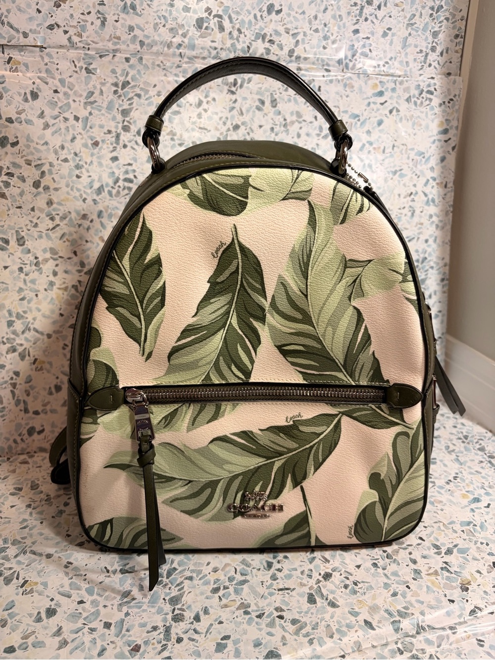 Coach Jordyn Backpack Banana Leaf Print Green Ivory Tropical - Picture 2 of 7
